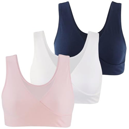 Women's Cotton Wireless Sleep Bra for Nursing and Maternity - color: Pink+white+navy Blue, size: X-Large