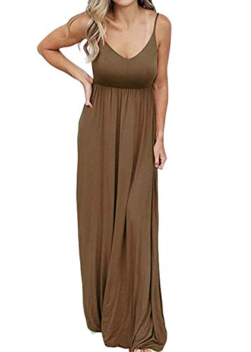 PRIMODA Women's Summer Casual Sleeveless V Neck Adjustable Spaghetti Strap Maxi Long Dress - color: Mocha, size: X-Large
