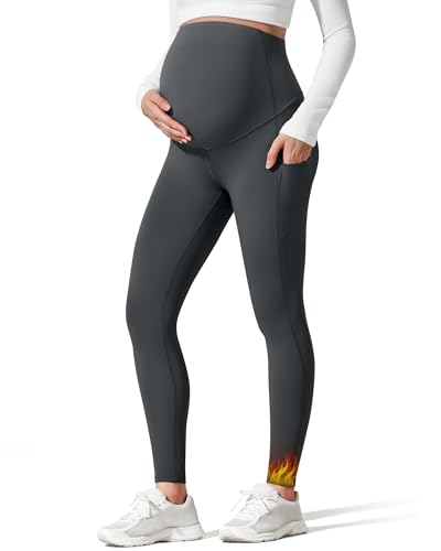 G4Free BareFeel Fleece Lined Maternity Leggings with Pockets Winter - color: Dark Gray, size: Medium