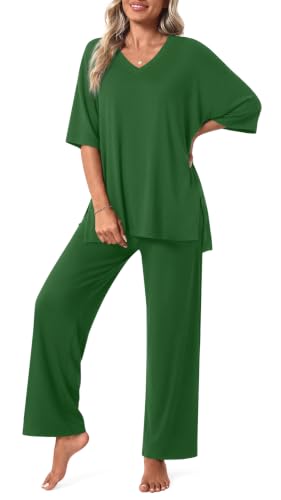 Aodemo Lounge Sets for Women 2 Piece Fall Pajamas Pj Outfits - color: Dark Green, size: XX-Large