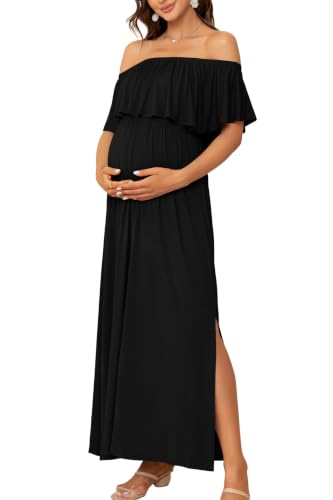 Off Shoulder Ruffle Sleeve Maternity Maxi Dress Side Slit - color: Black, size: Large