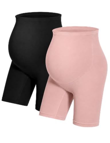 HOFISH Seamless Over-the-Bump Maternity Shapewear, High-Waisted Support - color: No Roll Up：black & Pink, size: Medium