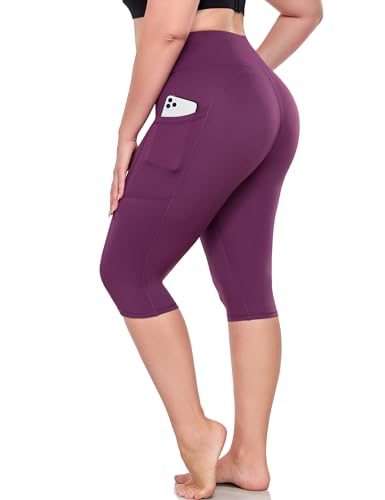 16" Womens Plus Size Capri Yoga Pants with Pockets 16" Knee Length - color: Purple, size: X-Large Plus