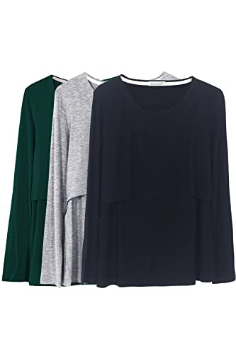 Smallshow Women's Nursing Tops Long Sleeve Breastfeeding Shirts 3 Packs - color: Black-deep Green-light Grey(3 Packs), size: X-Large