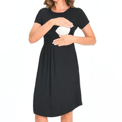 Bearsland Women's Short Sleeves Maternity Dress Nursing Breastfeeding Dresses with Pockets - color: Black, size: Medium