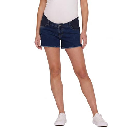 Motherhood Maternity Women's Under the Belly Cutoff Denim Pregnancy Shorts with Side Elastic Panel Insets - color: Dark Wash, size: Medium