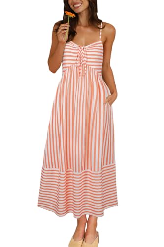 Fashionme 2026 Women Summer Boho Maxi Dresses Vacation Beach with Pockets - color: Orange White, size: Medium