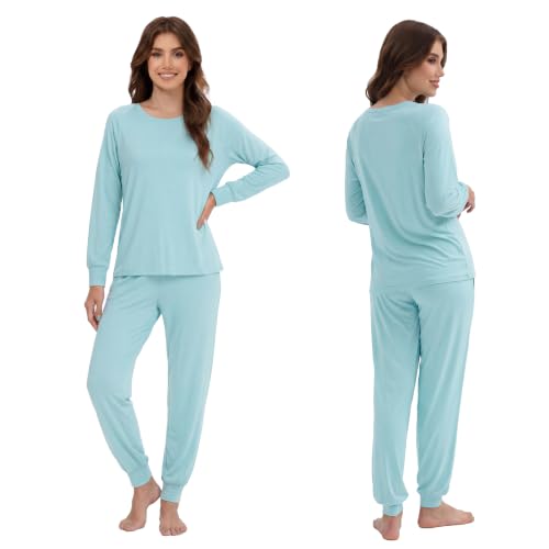 LUBOT 2026 Womens Pajamas Sets Bamboo Viscose Soft Breathable 2 Piece Pjs Long Sleeve Pants Jogging Loungewear Sleepwear - color: Aqua, size: X-Large