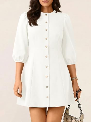 Wenrine Womens Work Mini Dress 3/4 Sleeve Button Down Business Dresses - color: White, size: Medium