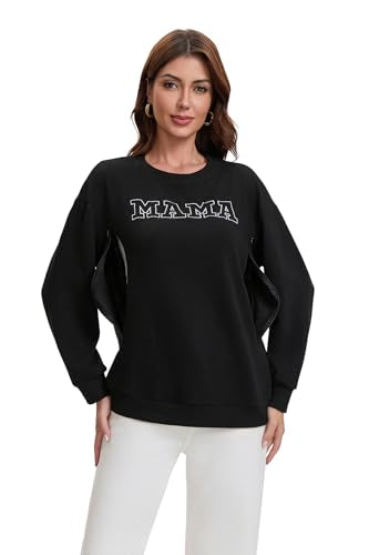 Women Waffle Knit Mama Embroidered Zippers Breastfeeding Nursing Sweatshirt - color: Black, size: Large