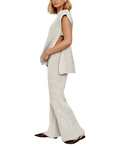 Lviefent Womens 2 Piece Outfits Sweater Set Sleeveless Side Slit Pullover Top Knit Wide Leg Pants Lounge Matching Sets - color: Beige, size: X-Small