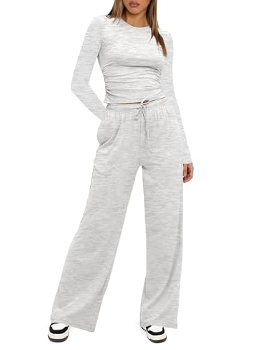 Darong Women's 2 Piece Matching Lounge Sets 2026 Fall Casual Outfits - color: White Grey, size: Medium