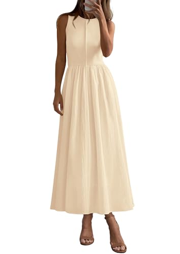PRETTYGARDEN Pleated Maxi Dresses for Women with Pockets - color: Beige, size: Large