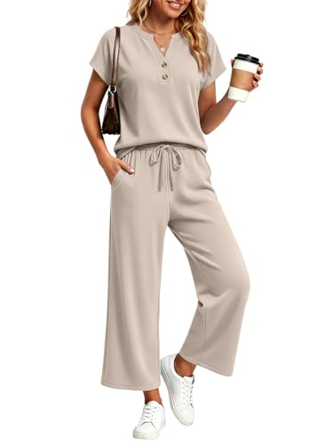 LILLUSORY Women's 2 Piece Lounge Travel Outfit - color: Beige, size: Large