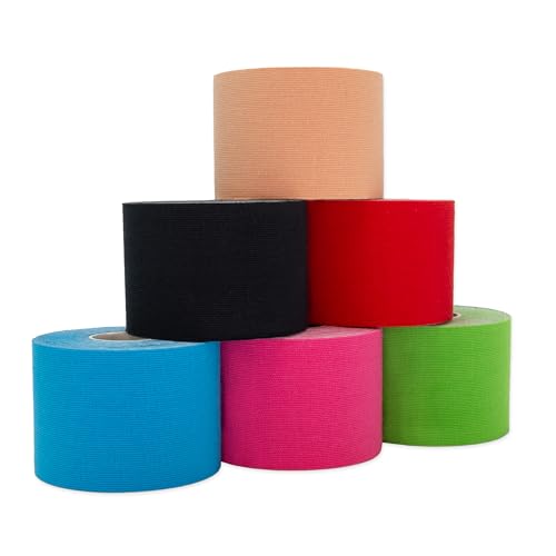 Kinesiology Tape Uncut Mix Set | 6 Multicolored Rolls of Athletic Sports Tape | 16ft Length and 2'' Width | Waterproof • Skin-Friendly • Elastic | Ideal for Sports | axion - color: Mixed / 6 Rolls