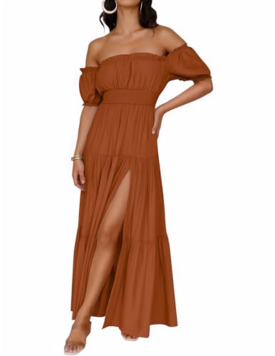 ZESICA Womens 2026 Summer Off Shoulder Boho Maxi Dress - color: Caramel, size: Medium