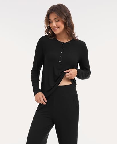 GYS Women's Bamboo Viscose Nursing Pajama Set, Wide Waist Cooling - color: Black, size: Medium