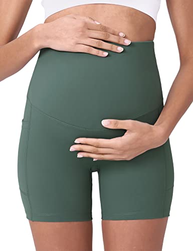POSHDIVAH Maternity Biker Shorts Over the Belly with Pockets 5"/8" - color: Crab Green, size: Medium
