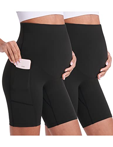 Enerful Maternity Biker Shorts with Pockets 8"/5" - color: 2pcs Black 8", size: X-Large