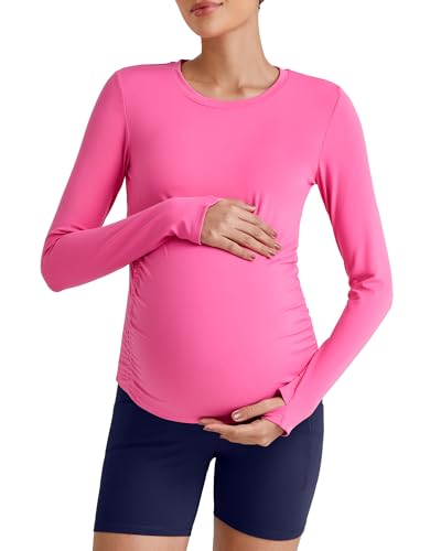 G4Free BareFeel Pregnancy Workout Tops Maternity Long Sleeve Shirts Ruches - color: Hot Pink, size: XX-Large