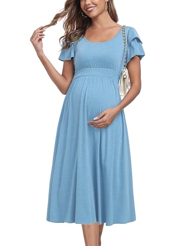 Ruffle Short Sleeve Maternity Dress High Waisted Midi Baby Shower Dresses - color: Light Blue, size: Large