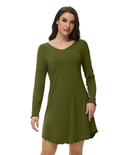 WiWi Women's Viscose from Bamboo Nightgown Long Sleeve Nightshirt Soft Sleep Dress Loose Comfy Pajama Sleepwear S-XXL - color: B-army Green, size: Large