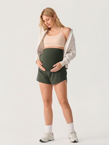 MOMANDA Athletic Maternity Dolphin Shorts 3" - color: Aspen Olive, size: Large