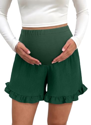BLENCOT Maternity Shorts Over Belly Ruffle Hem Pregnancy Clothes - color: Blackish Green, size: Large