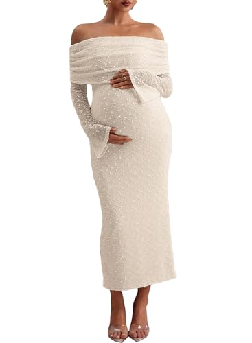 BLENCOT Womens Off Shoulder Flare Sleeve Split Bodycon Maternity Dress - color: Apricot, size: XX-Large