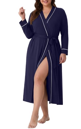 OLRIK Womens Plus Size Robe Long Knit Bathrobe V Neck Loungewear - color: Navy Blue, size: 3X