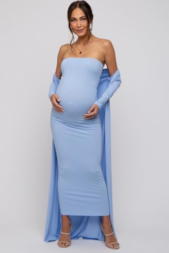 PinkBlush Ribbed Sleeveless Dress Cardigan Maternity Set - color: Light Blue, size: Small