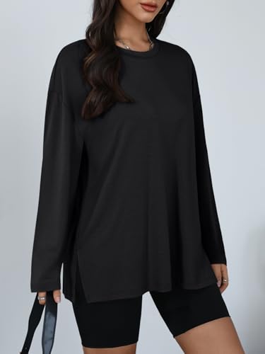 Trendy Queen Womens Oversized Side Slit Long Sleeve Shirts Fall Tops - color: Black, size: Small