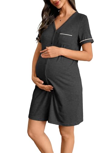 BLENCOT Women’s Labor and Delivery Night Gown for Maternity Short Sleeve V Neck Open Front Shirt Dress with Buttons - color: Dark Grey, size: Large