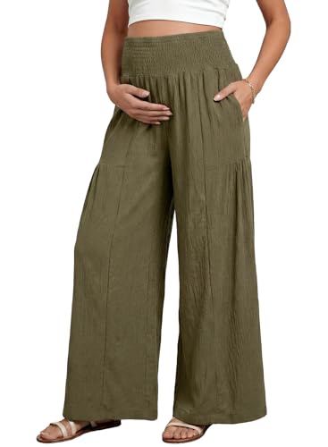 BLENCOT Maternity Smocked Waist Palazzo Pants Wide Leg Casual Trousers - color: Green, size: Small