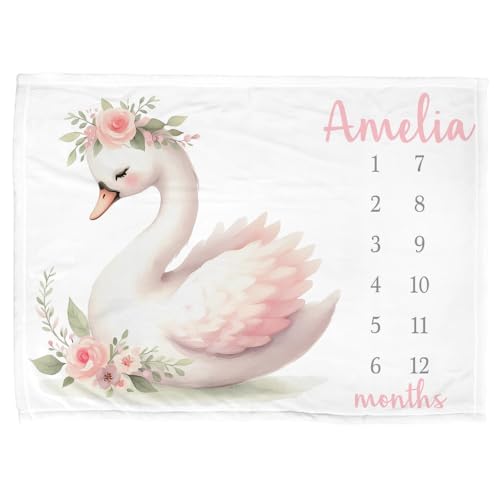 Personalized Baby Girl Swan Milestone Blanket, Baby Girl Personalized Flowers Swan Gift, Monthly Growth Tracker, Pretty Floral Name Newborn Blanket - color: Wildflower#13
