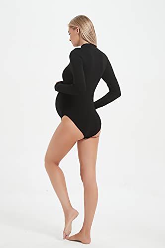 Bhome Maternity Shirt Mock Neck Long Sleeve Bodysuit for Pregnant Photoshoot - color: Black, size: Medium