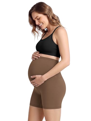 ODODOS Women's Maternity Biker Shorts 5" - Buttery Soft Over The Belly Pregnancy Lounge Yoga Shorts - color: Brunette, size: Large