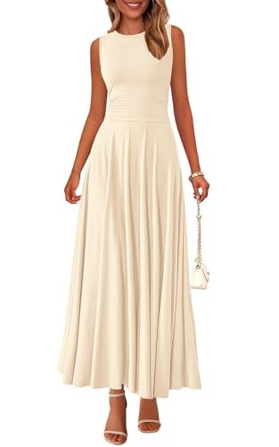 PRETTYGARDEN Womens Sleeveless Summer Dresses 2026 Flowy Aline Maxi Dress - color: Beige, size: Medium