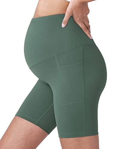 POSHDIVAH Maternity Biker Shorts Over the Belly with Pockets 5"/8" - color: Black Crab Green, size: X-Large