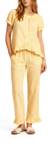 Gingham Cotton Pajamas for Women 2 Piece Cute Ruffle Plaid PJS Set Lounge - color: Yellow, size: X-Large