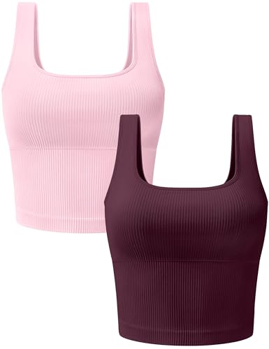 OLCHEE Womens 2 Pack Crop Tank Tops Square Neck Workout Top Padded - color: Plum + Light Pink, size: Small