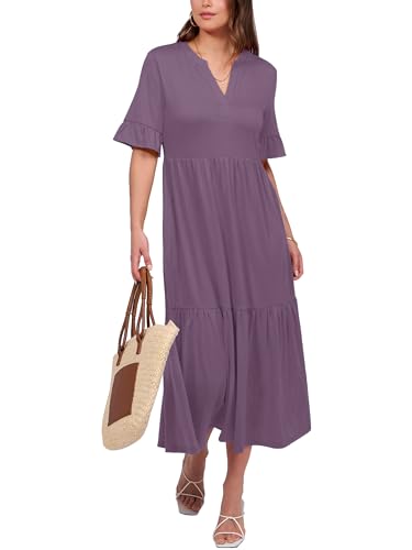 CzzzyL Womens Nursing Dresses Ruffle Sleeve V Neck Tiered with Pockets - color: Purple, size: Small