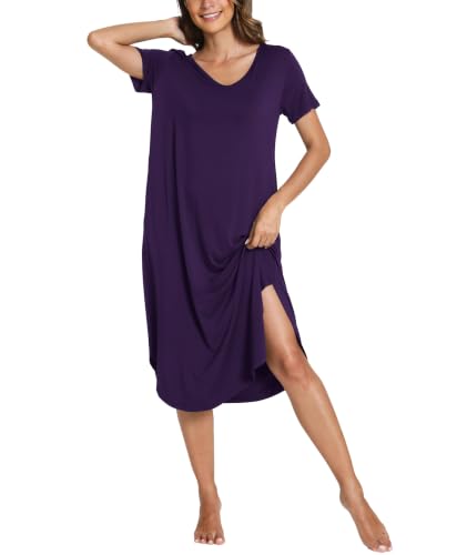 GYS Bamboo Viscose Nightgowns for Women Short Sleeve Sleep Shirt - color: Purple, size: XX-Large