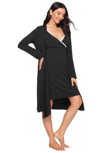 Latuza Women's Viscose Nursing Nightgown and Robe Set - color: Black, size: Small