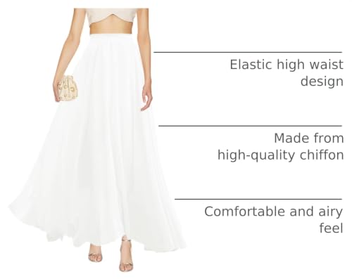 v28 Women Full/Ankle Length Elastic Pleated Retro Maxi Chiffon Long Skirt - color: White, size: XX-Large