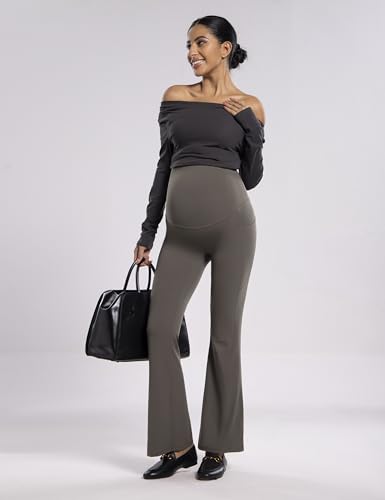 POSHDIVAH Maternity Flare Leggings with Pockets - color: Brown, size: Medium