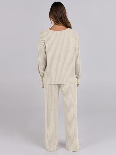 ANRABESS Women 2 Piece Lounge Pajamas Sets Casual Fall Outfits - color: Beige, size: Medium