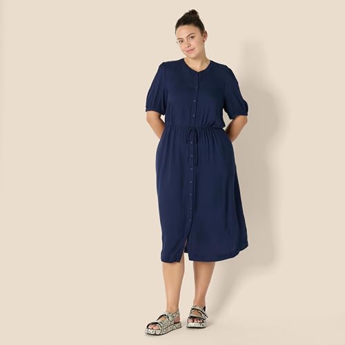Amazon Essentials Women's Relaxed Fit Half-Sleeve Breathable Button Front Drawstring Waist Midi A-Line Dress with Pockets - color: Navy, size: Medium