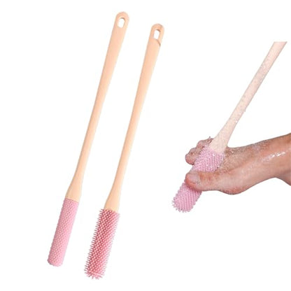 Toe Cleaning Brush with 15.7" Long Handle, Foot Scrubber in Shower - color: Pink