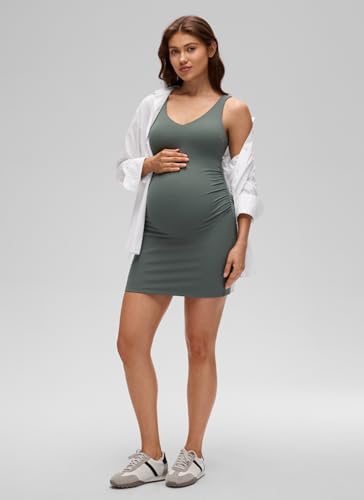 CRZ YOGA Maternity V Neck Mini Dress - color: Grey Sage, size: Large